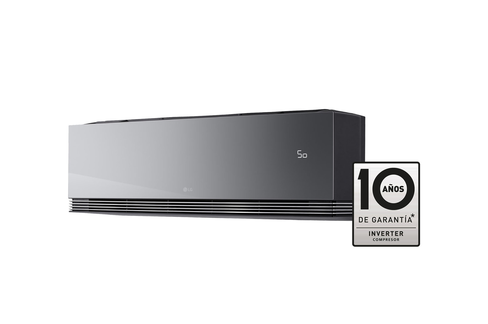 Vista frontale di un condizionatore d'aria LG con il deflettore inferiore apertoTelecomando per condizionatore LG con display e pulsanti