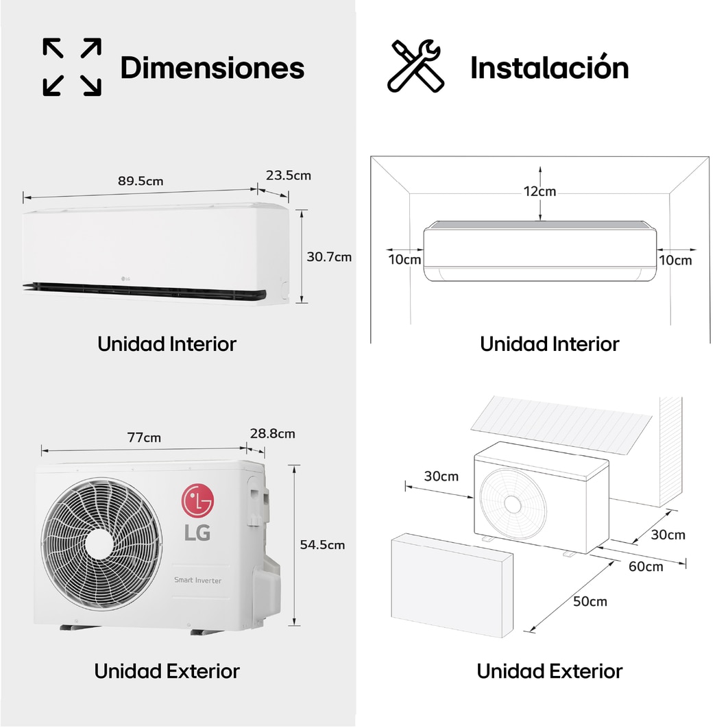 LG Dual Vane air conditioner shown in a living room. Cool air flows upward on the left, warm air downward on the right. The accompanying text reads: 'DUAL Vane spreads airflow up or down, further and faster, for ideal comfort in any season.'