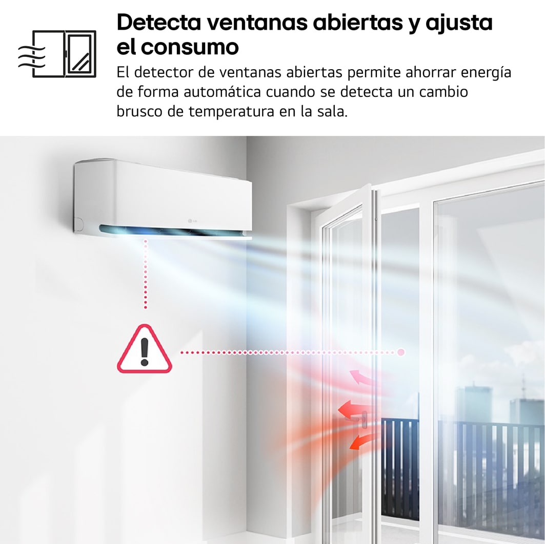 Left low-angle front view of LG ai air conditioner with open lower vane
