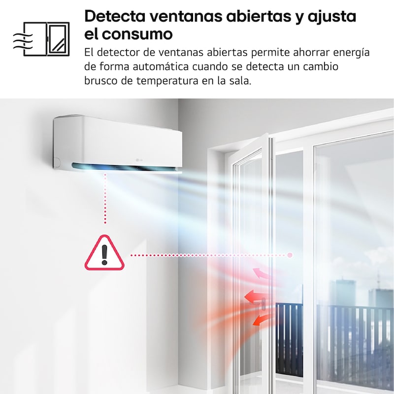 Left low-angle front view of LG ai air conditioner with open lower vane