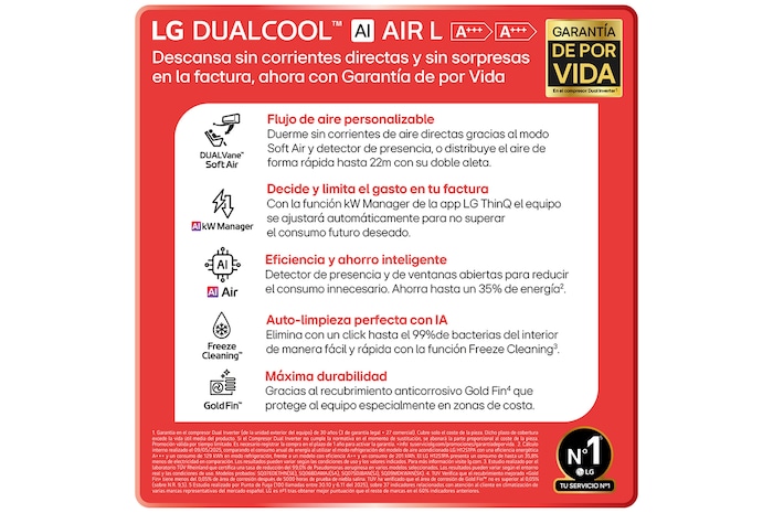 LG Dual Vane air conditioner shown in a living room. Cool air flows upward on the left, warm air downward on the right. The accompanying text reads: 'DUAL Vane spreads airflow up or down, further and faster, for ideal comfort in any season.'