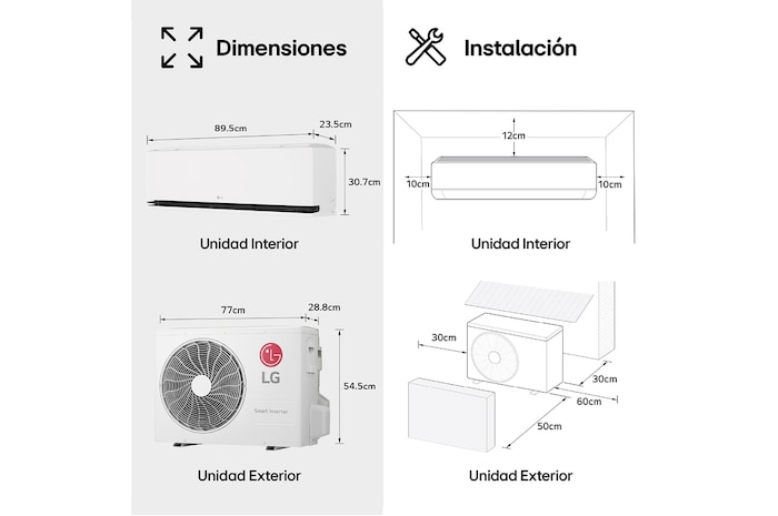 LG air conditioner with Proactive Energy Control feature. A smartphone shows an energy graph with a red alert, managing cooling and limits. Text: 'Proactive energy control. Smart control helps manage cooling and sets energy limits.'