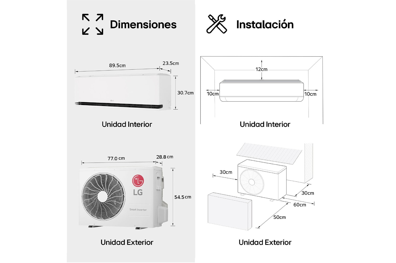 Illustration of LG AI Air technology in a living room with a wall-mounted air conditioner. The system adjusts airflow by sensing room temperature and user location. The accompanying text reads: 'AI Air with LG ThinQ: AI Air senses room temperature and adjusts airflow based on your location for comfort.'