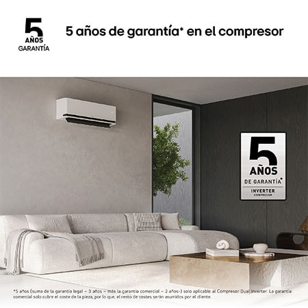 LG Dual Vane air conditioner shown in a living room. Cool air flows upward on the left, warm air downward on the right. The accompanying text reads: 'DUAL Vane spreads airflow up or down, further and faster, for ideal comfort in any season.'
