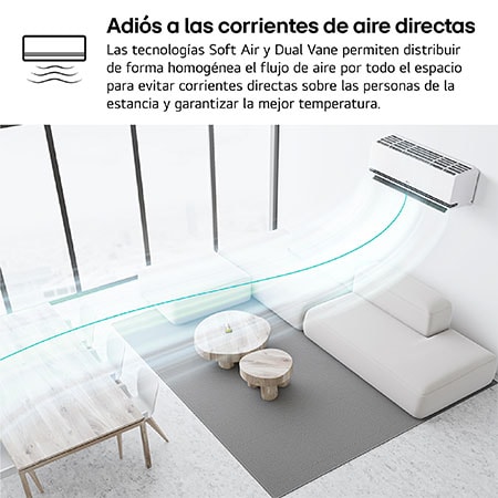 Close-up of the LG air conditioner's internal components, showing the Auto Clean+ system removing moisture with airflow. Text reads 'Auto Clean+: Auto Clean+ activates after use, blowing air to reduce moisture and even adjusts to quiet or fast modes.'