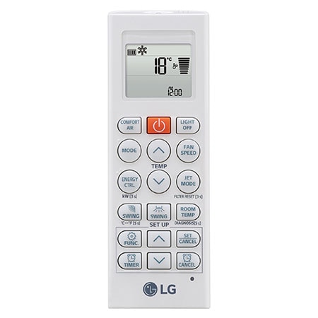 Left low-angle front view of LG ai air conditioner with open lower vane