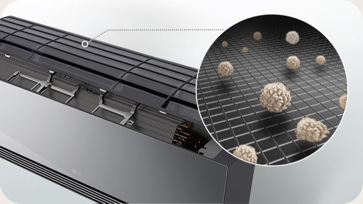 Aire acondicionado LG con panel abierto que muestra un prefiltro que captura las partículas de polvo en un primer plano.		