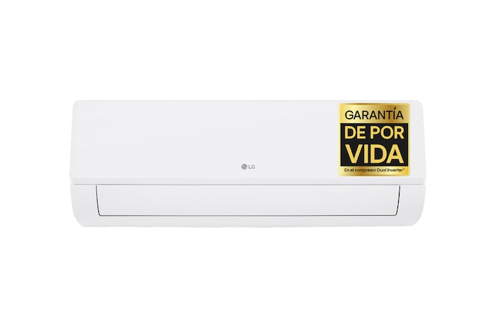 Vista frontal del aire acondicionado LG Libero Smart Dualcool Monosplit con la aleta inferior abierta.