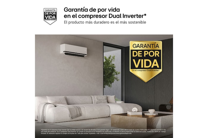 LG air conditioner with Proactive Energy Control feature. A smartphone shows an energy graph with a red alert, managing cooling and limits. Text: 'Proactive energy control. Smart control helps manage cooling and sets energy limits.'