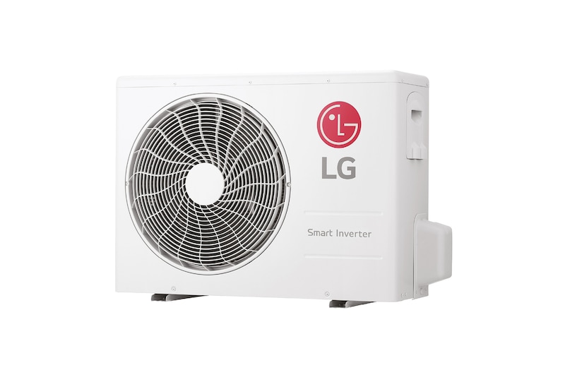 Angled top-front view of LG ai air conditioner with its top panel and grille visible