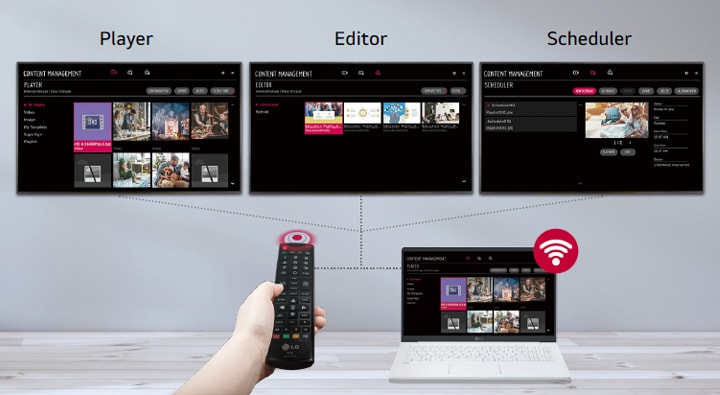 Los usuarios pueden configurar reproductores, editores, programadores, etc., para pantallas que utilizan diversos dispositivos, desde controles remotos hasta portátiles.