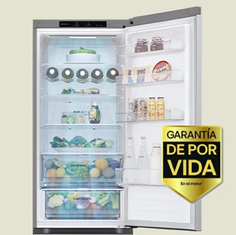 Frigorífico lleno de alimentos frescos con puerta abierta y etiqueta de garantía de 10 años del compresor inverter inteligente.