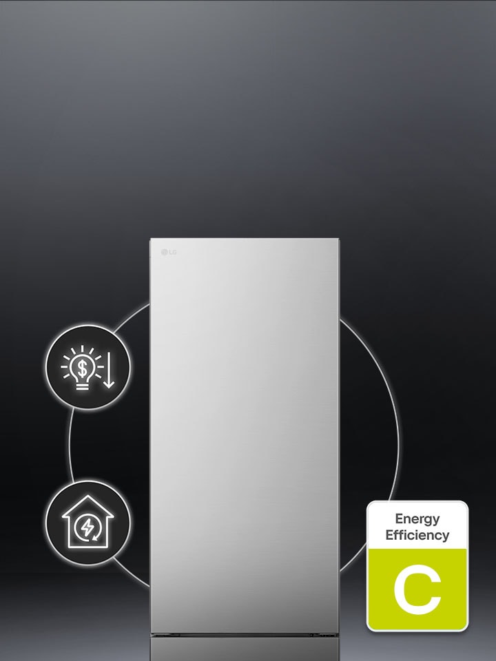 Frigorífico LG con logotipo de eficiencia energética de grado C en el lateral.
