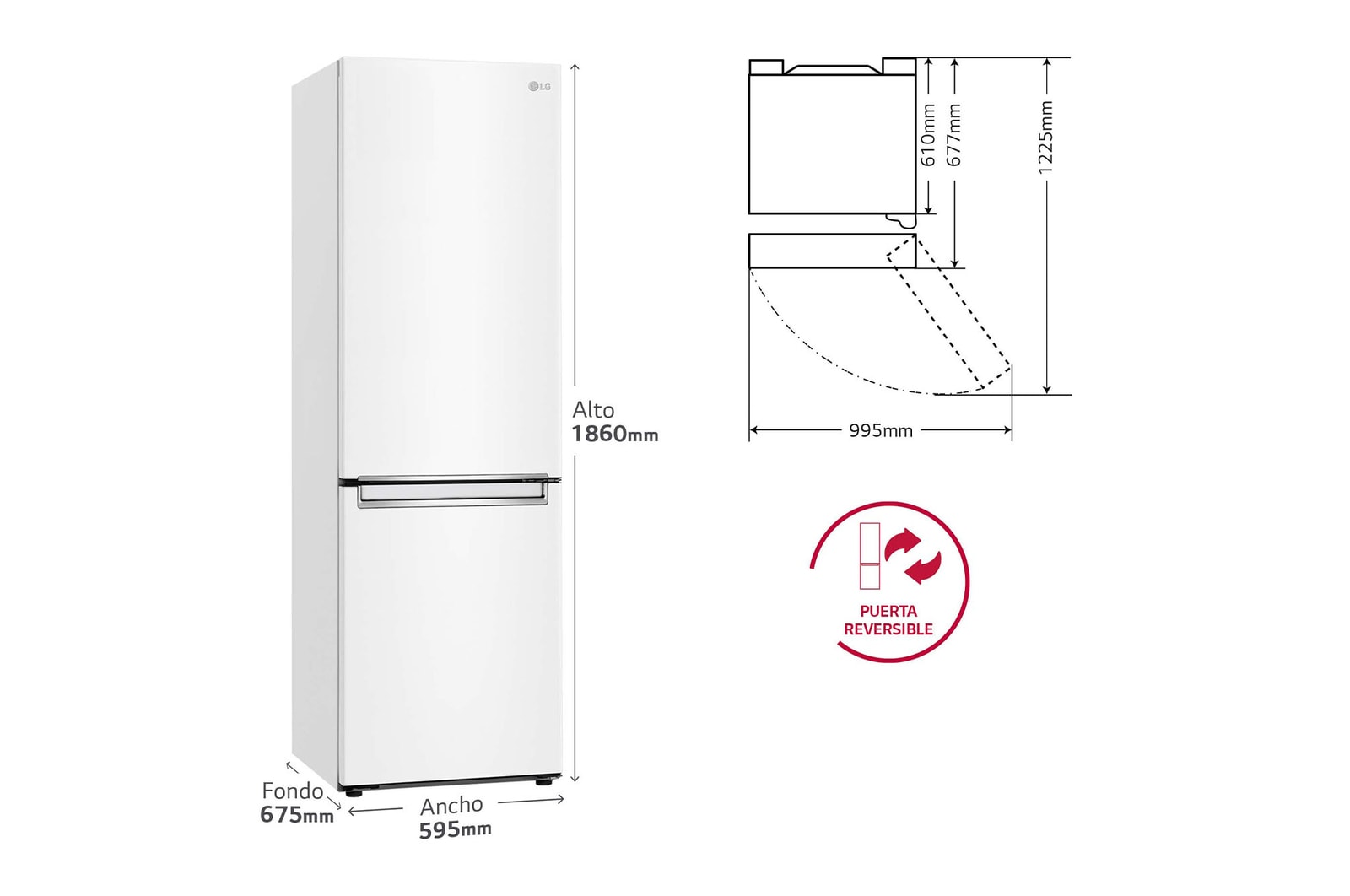 LG Frigorífico Combi LG GBP31SWLZN, 1,86m, E, capacidad de 374l, Blanco, serie 3, GBP31SWLZN