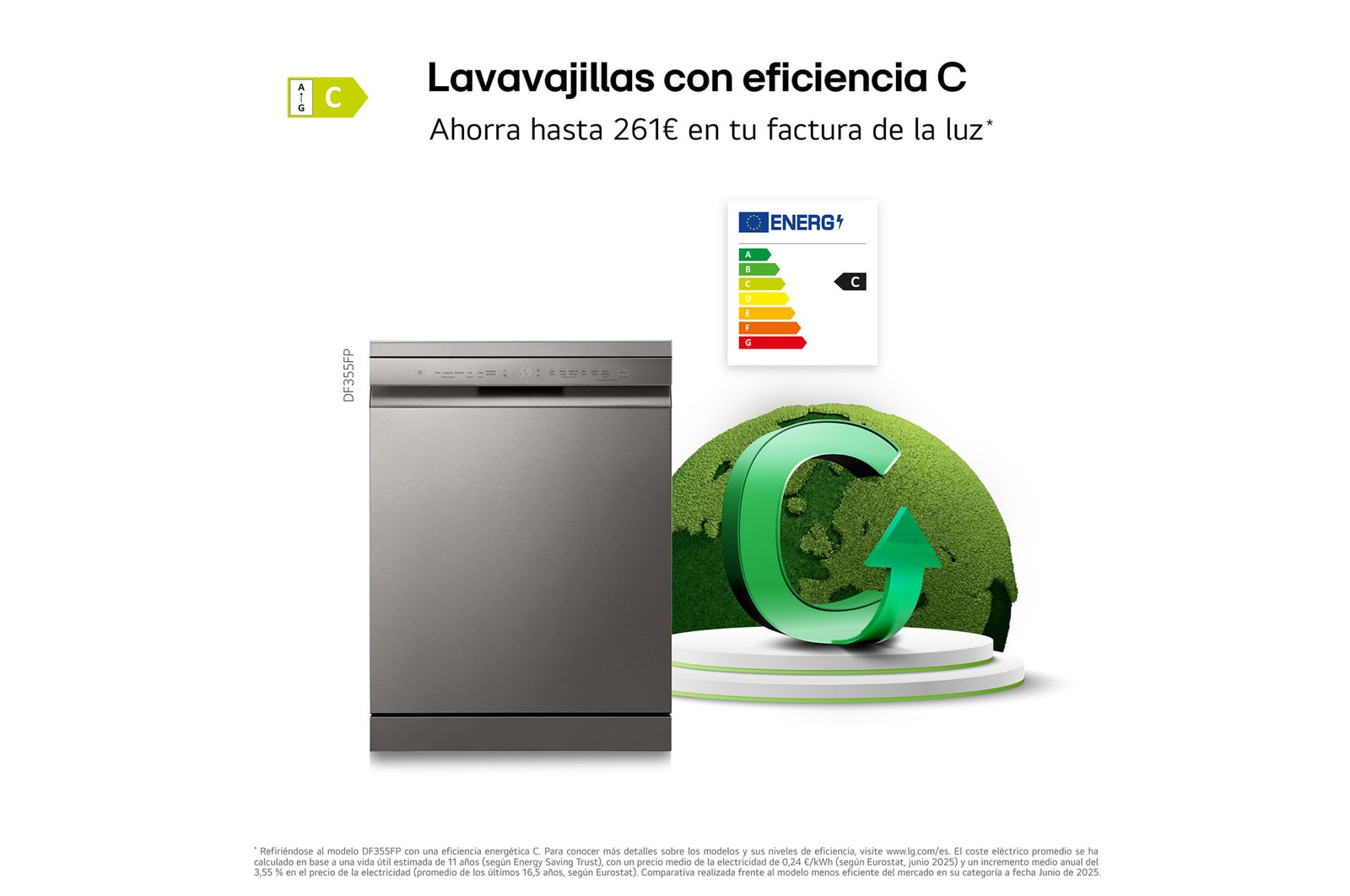 LG Lavavajillas Inox antihuellas con tecnología QuadWash™  , C, con tercera bandeja, DF355FP