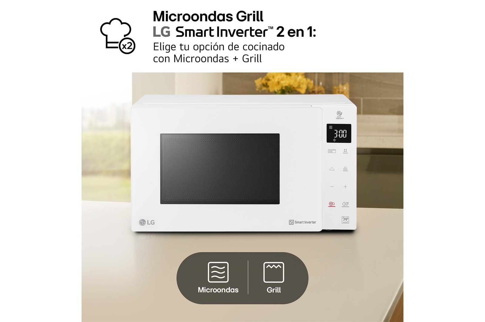 LG Microondas Grill Blanco Smart Inverter 1000W de 25 litros, MH6535GDH