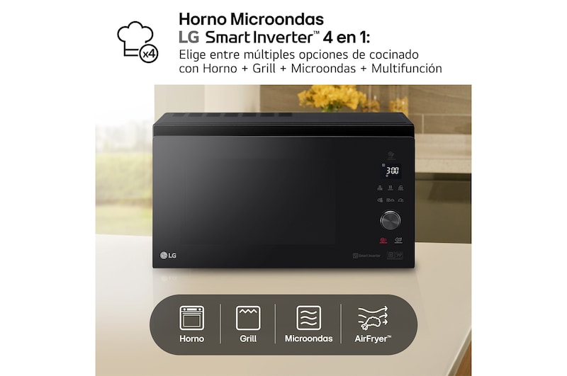 LG Horno Convección Microondas 4 en 1  Smart Inverter, con función freidora de aire,  color Negro 1100W de 39 litros, MJ3965BPS