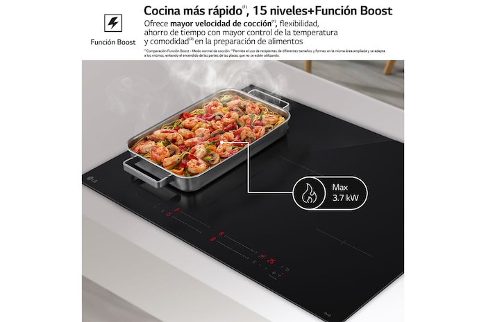 Flex Mode_On the left side of the product, a wide pan is placed in flex mode, and on the right side, 2 pots are cooked in 2 burners in standard mode.