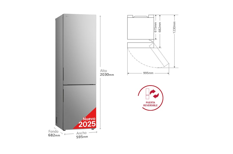LG Frigorífico Combi Door Cooling+,  2,03m, Clasificación C, capacidad de 419l, Inox antihuellas. Serie 200, GBV22NCCPY