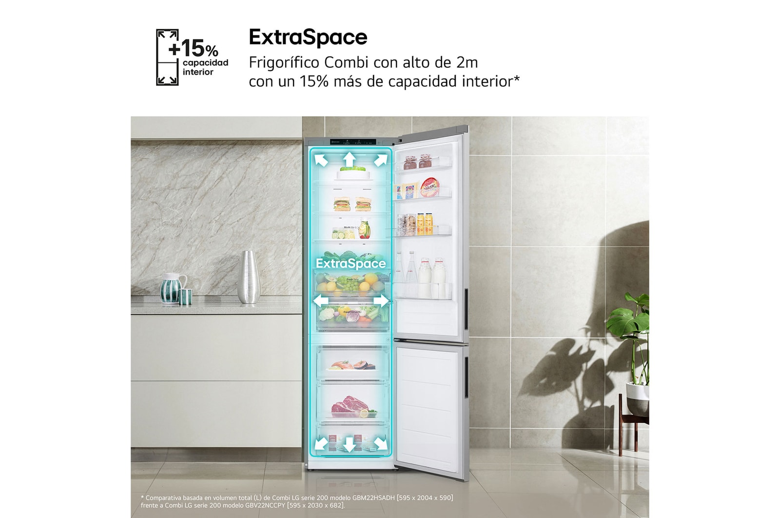LG Frigorífico Combi Door Cooling+,  2,03m, Clasificación C, capacidad de 419l, Inox antihuellas. Serie 200, GBV22NCCPY