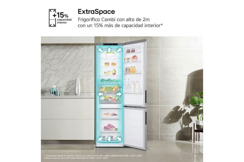 LG Frigorífico Combi Door Cooling+,  2,03m, Clasificación C, capacidad de 419l, Inox antihuellas. Serie 200, GBV22NCCPY
