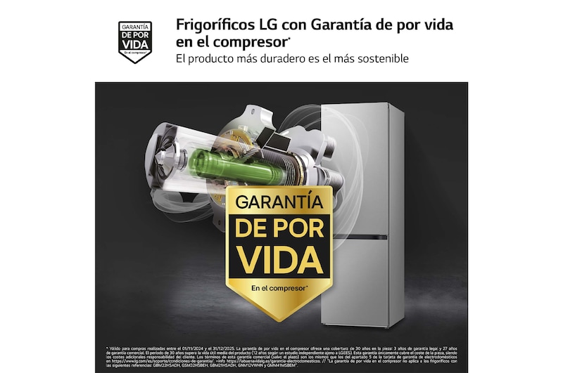 LG Frigorífico Combi Door Cooling+,  1,86m, Clasificación E, capacidad de 374l, inox antihuellas. Serie 300, GBV3100EPY