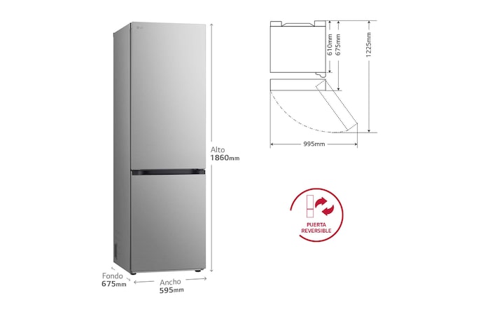 LG Frigorífico Combi Door Cooling+, 1,86m, Clasificación C, capacidad de 374l, inox antihuellas. Serie 500, GBV5140CPY