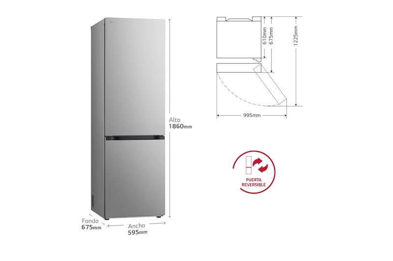 LG Frigorífico Combi Door Cooling+, 1,86m, Clasificación C, capacidad de 374l, inox antihuellas. Serie 500, GBV5140CPY