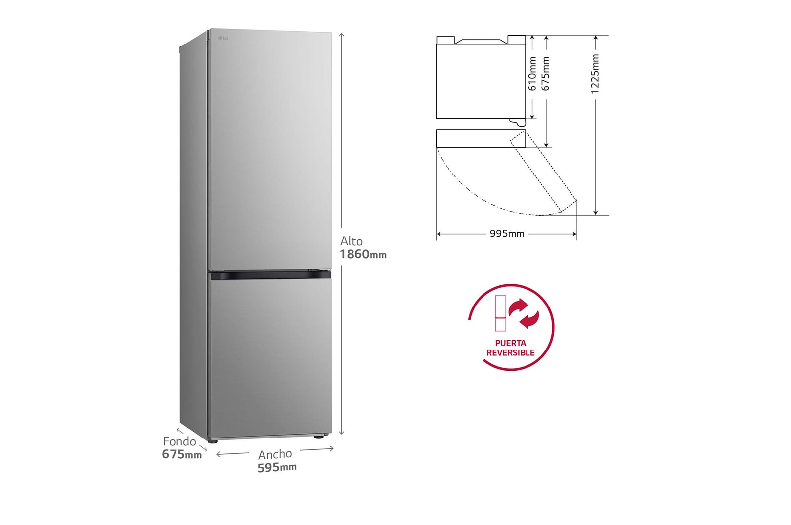 LG SERIE 500  Door Cooling+, 1,86  m, Clasificación D, capacidad de 374 l,  Inox antihuellas, GBV5140DPY vista frontal ladeada, GBV5140DPY