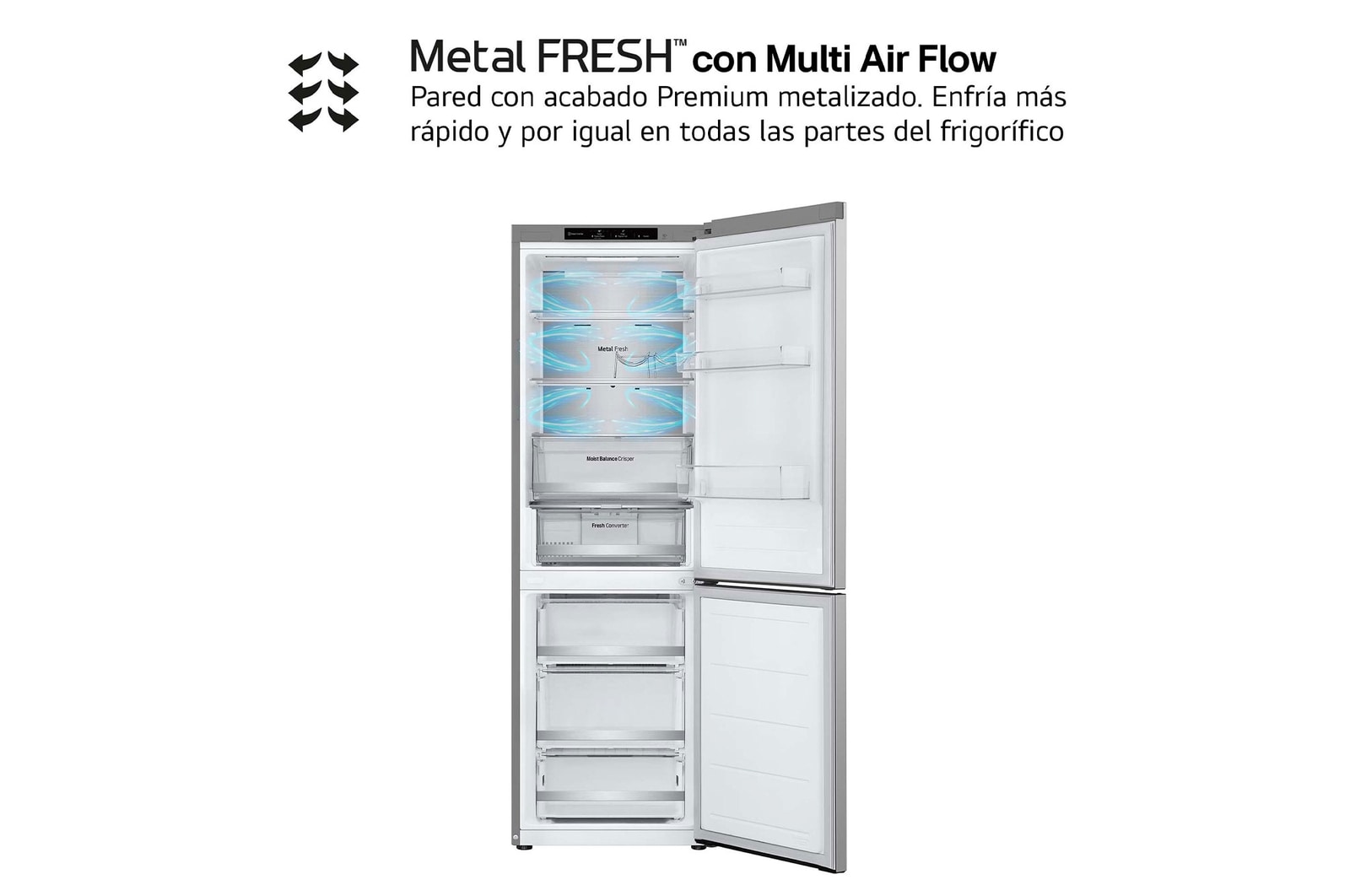 LG SERIE 500  Door Cooling+, 1,86  m, Clasificación D, capacidad de 374 l,  Inox antihuellas, GBV5140DPY vista frontal ladeada, GBV5140DPY