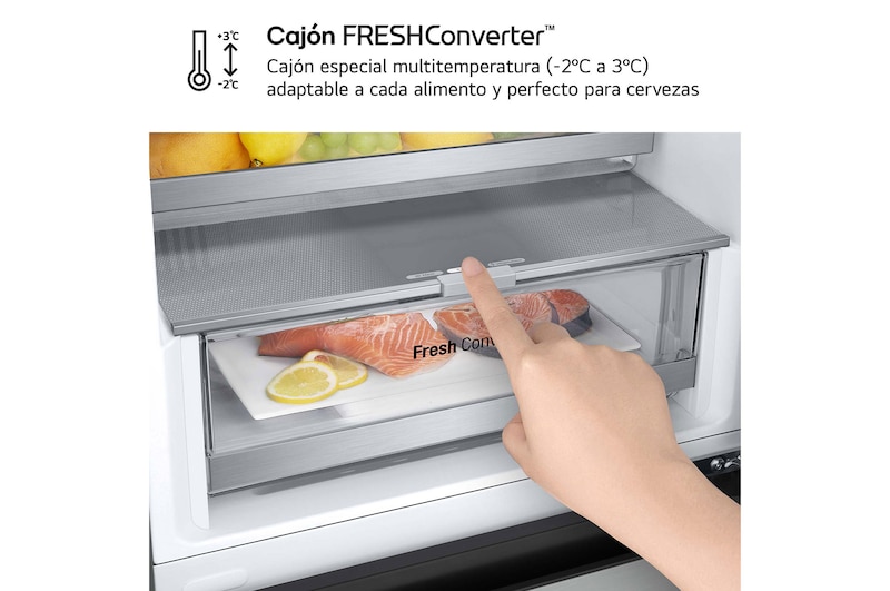 LG SERIE 500 Door Cooling+, 1,86 m, Clasificación D, capacidad de 374 l, Inox antihuellas, GBV5140DPY vista frontal ladeada, GBV5140DPY