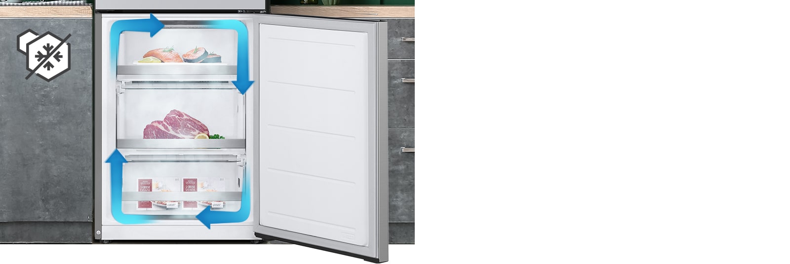Congelador no frost con refrigeración uniforme y aire frío circulante para mantener los alimentos frescos en todos los rincones.