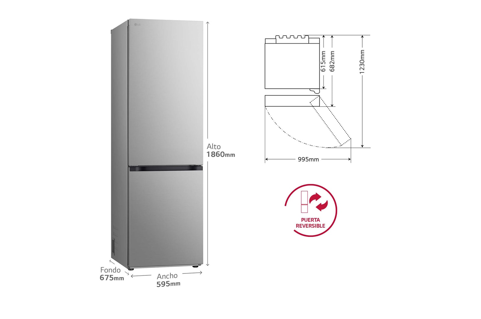 LG Frigorífico Combi Door Cooling+, 1,86m, Clasificación C, capacidad de 374l, inox antihuellas. Serie 700, GBV7180CPY