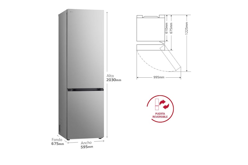 LG Frigorífico Combi Door Cooling+,  2,03m, Clasificación C, capacidad de 419l, inox antihuellas. Serie 700, GBV7280CPY, GBV7280CPY