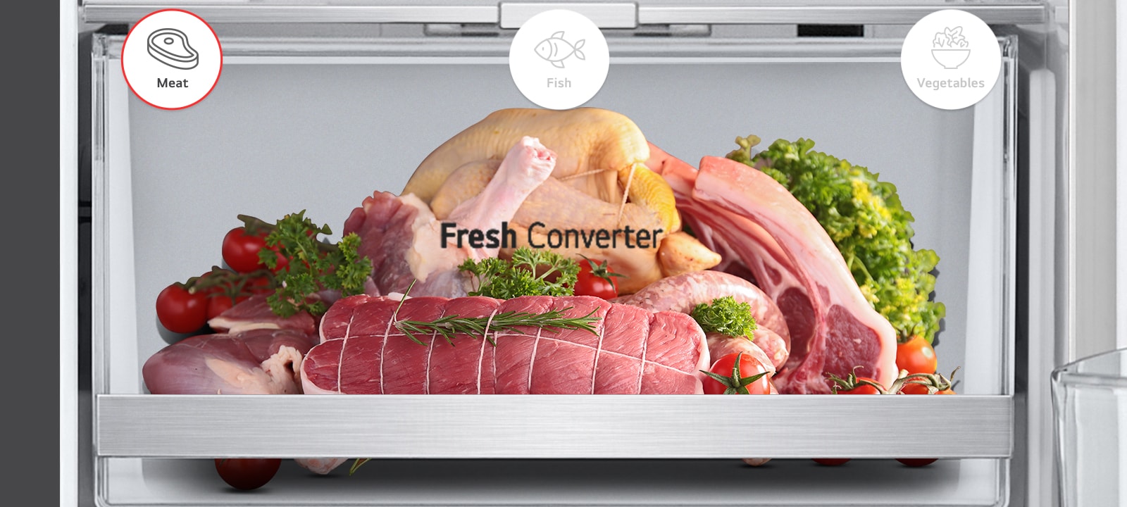 La cara interior del frigorífico muestra 3 tipos de alimentos que se pueden almacenar con los iconos de Carne, Pescado y Verduras. 