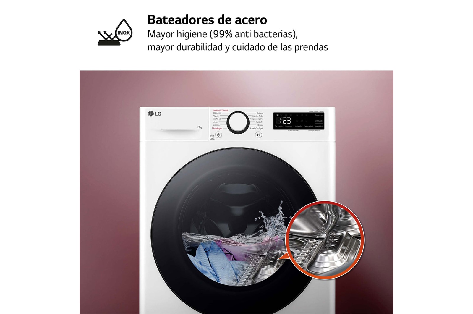 LG Outlet Lavadora inteligente AI Direct Drive, Vapor, 8kg , 1200rpm Un 10% más eficiente que A, Serie fondo especial 500, F2WR5S08AGW.OUTLET