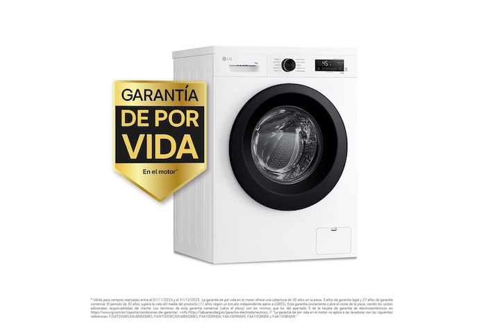 LG Lavadora eficiente 9kg, 1400rpm, A, con vapor, Serie 100, F4X1009NWK