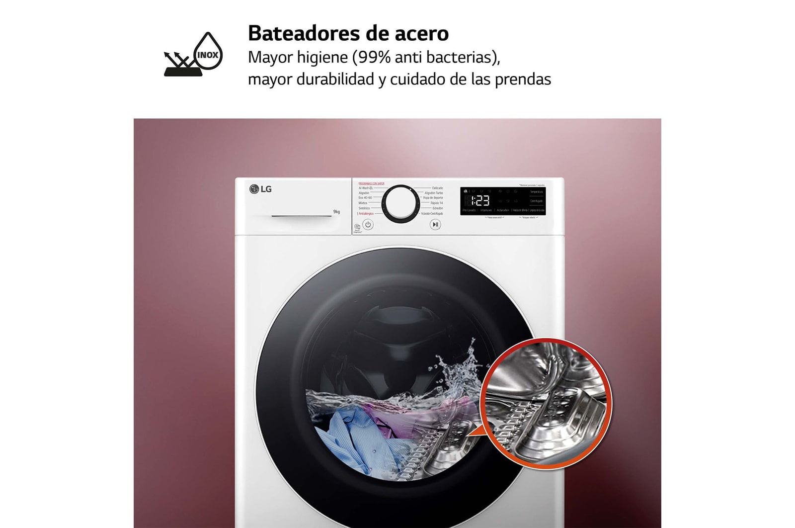 LG Lavadora inteligente AI Direct Drive,  Vapor,  9kg ,  1200rpm Un 10% más eficiente que A, Serie fondo especial 500, F2WR5S09A0W