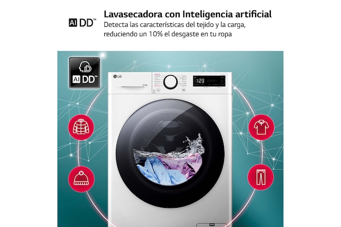 LG Lavasecadora inteligente AI Direct Drive TM, Turbowash 360º, 10/6kg, 1400rpm, Un 10% más eficiente que  A(lavado) /D(secado) Blanca, Serie 600, F4DR6010A0W