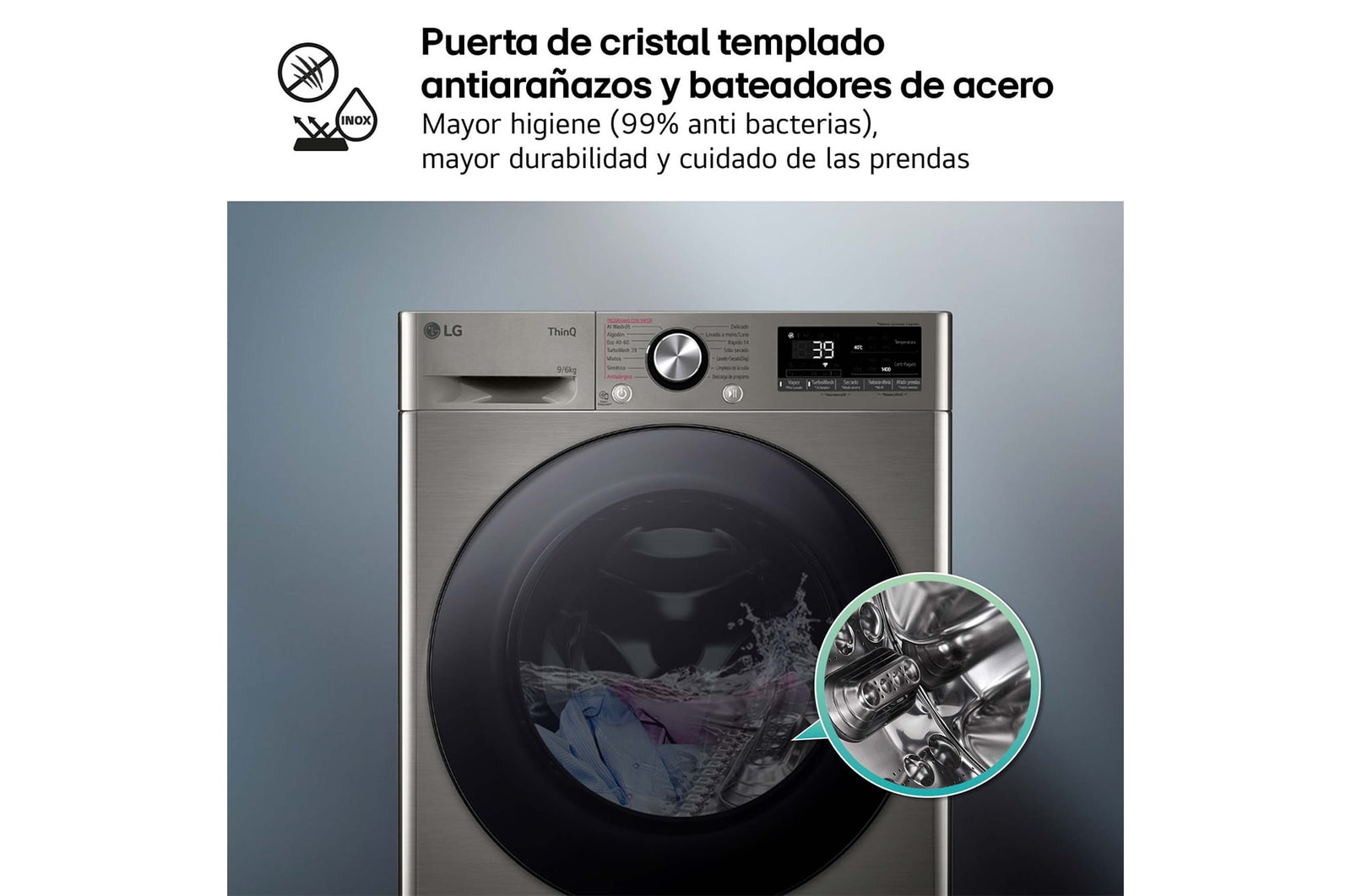 LG Lavasecadora inteligente AI Direct Drive™, Turbowash 360º, 9/6kg, 1400rpm, Un 10% más eficiente que  A(lavado) /D(secado), Inox, Serie 700, F4DR7009AGS