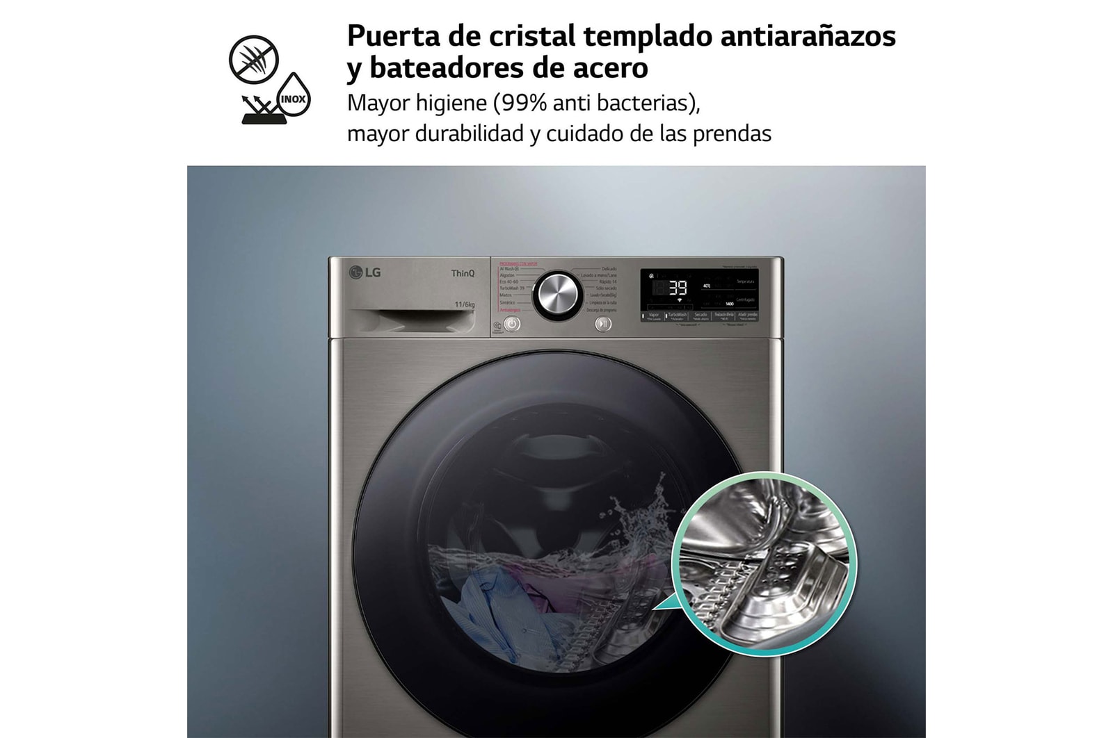 LG Lavasecadora inteligente AI Direct Drive TM, Turbowash 360º, 11/6kg, 1400rpm,  Un 10% más eficiente que  A(lavado) /D(secado) Inox antihuellas, Serie 700, F4DR7011AGS