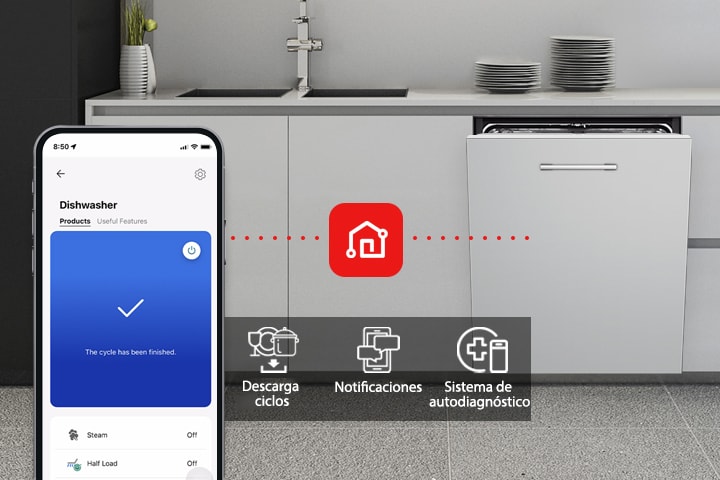 Vista general de una cocina moderna con un lavavajillas integrado de LG, que muestra cómo funciona la aplicación LG ThinQ con tres funciones: Ciclos de descarga, Notificación y Diagnóstico inteligente.