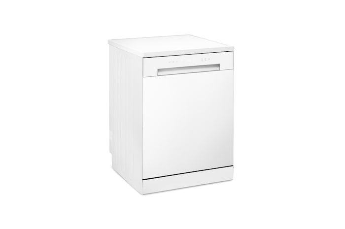 Vista frontal de Lavavajillas blanco, con cuba de acero inoxidable. Eficiencia E. Serie 100, DF030FW