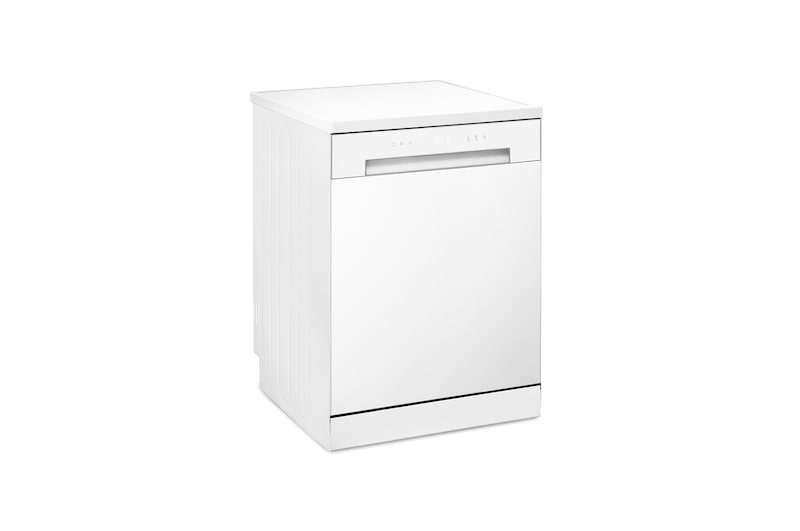 Vista frontal de Lavavajillas blanco, con cuba de acero inoxidable. Eficiencia E. Serie 100, DF030FW