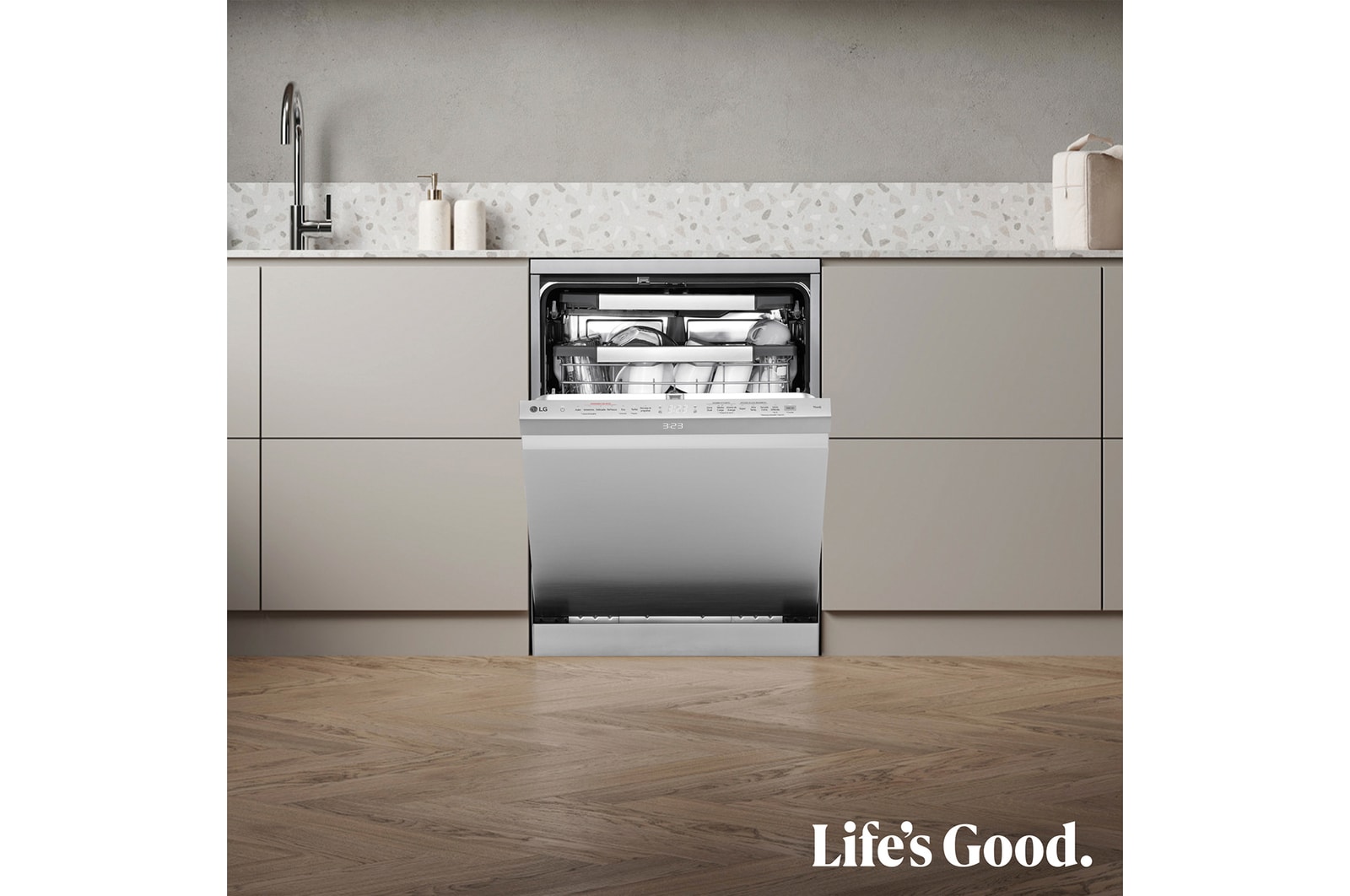 LG Lavavajillas LG QuadWashᵀᴹ Steam, Inox antihuellas, Un 10% más eficiente que A, con lavado a vapor y tercera bandeja, DF587HVS