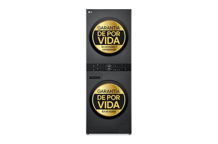 Vista frontal de Torre de lavado y secado | LG WT1210BBF, Direct Drive con inteligencia artificial, Bomba de calor Dual Inverter, 12kg lavado, 10kg secado, 1400rpm, clasificación A-10/C