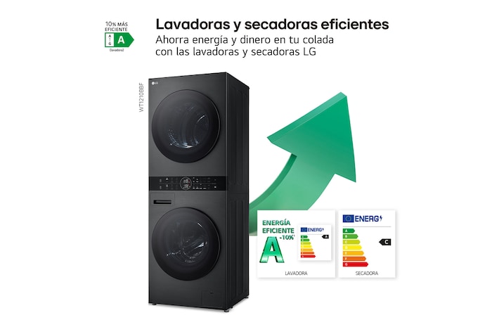 LG Torre de lavado y secado | LG WT1210BBF, Direct Drive con inteligencia artificial, Bomba de calor Dual Inverter, 12kg lavado, 10kg secado, 1400rpm, clasificación A-10/C, WT1210BBF