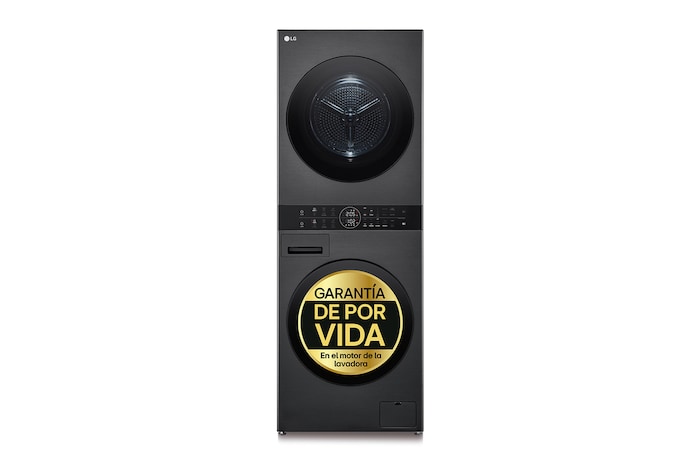 Vista frontal de Torre de lavado y secado | LG WT1210BBF, Direct Drive con inteligencia artificial, Bomba de calor Dual Inverter, 12kg lavado, 10kg secado, 1400rpm, clasificación A-10/C