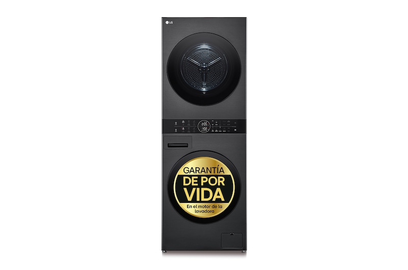 Vista frontal de Torre de lavado y secado | LG WT1210BBF, Direct Drive con inteligencia artificial, Bomba de calor Dual Inverter, 12kg lavado, 10kg secado, 1400rpm, clasificación A-10/C