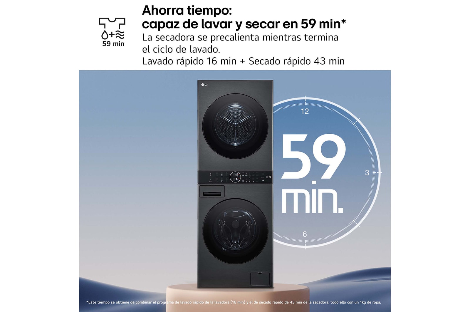 LG Torre de lavado y secado | LG WT1210BBF, Direct Drive con inteligencia artificial, Bomba de calor Dual Inverter, 12kg lavado, 10kg secado, 1400rpm, clasificación A-10/C, WT1210BBF